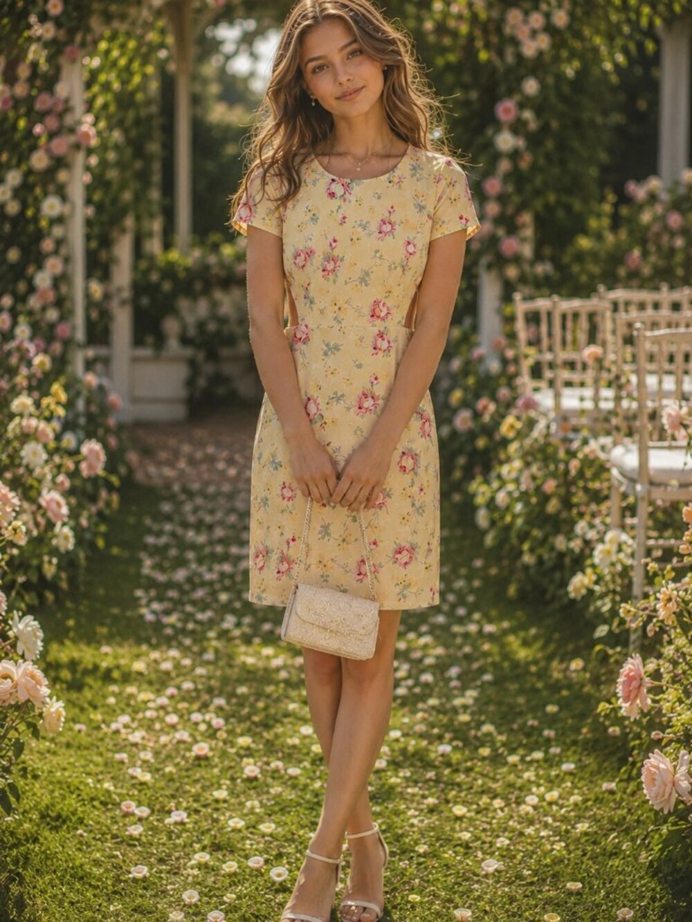 Zara Yellow Short Sleeve Dress Pink Rose Floral Print Cutout Slits